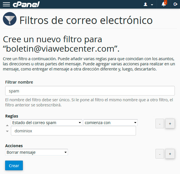 cpanel correo filtro