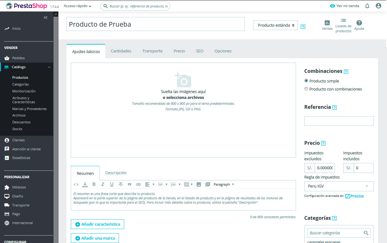 prestashop producto ajustes