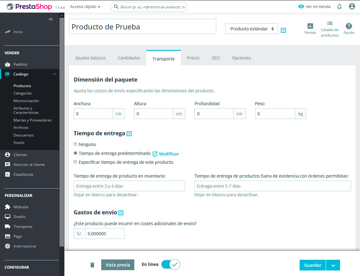 prestashop producto transporte